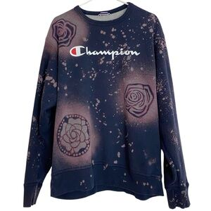 Upcycled Champion Sweatshirt Mens Size Large Navy Blue Unisex Handmade Floral